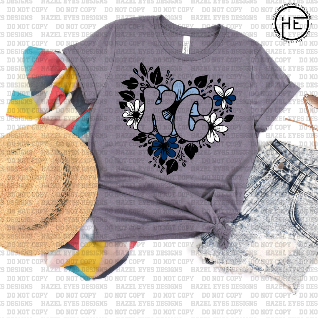 KC Floral Heart Blue Blue DTF Transfer