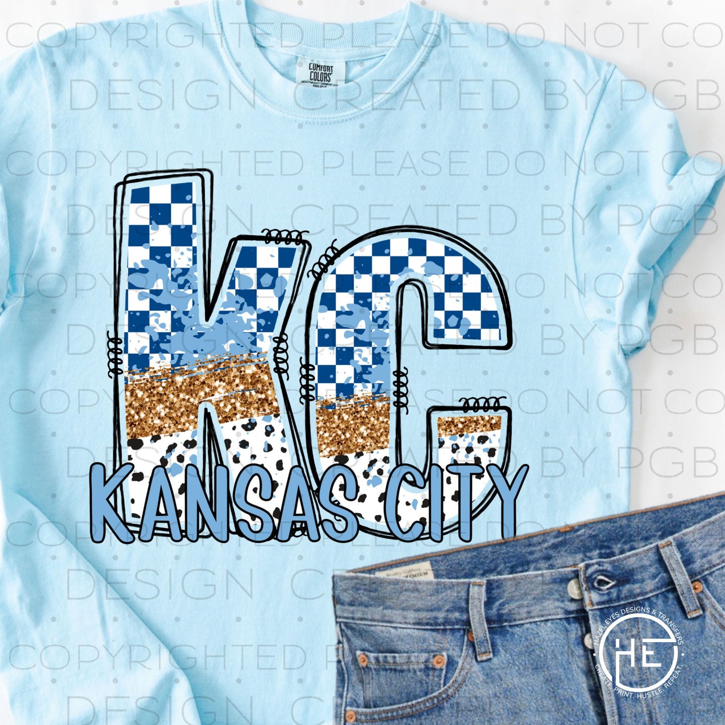 KC Blue & Gold Checker Glitter - DTF Transfer