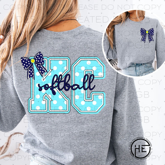 Blue Bow Polka Dot Softball - DTF Transfer