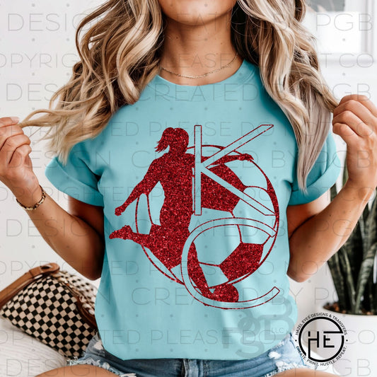 Women's Red Soccer Silhouette Faux Glitter - DTF Transfer