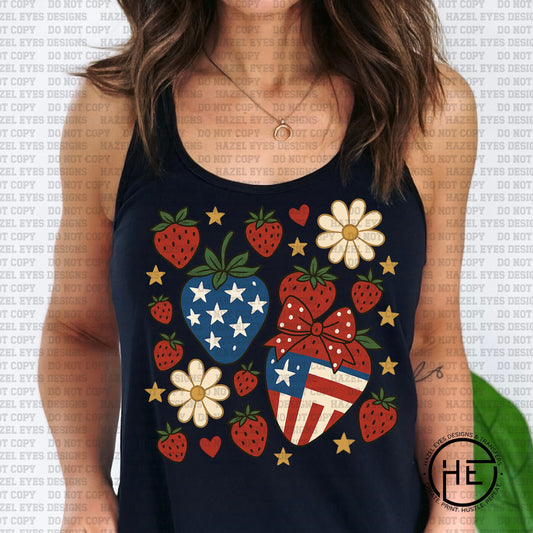 Strawberries Red, White & Blue Collage - DTF Transfer