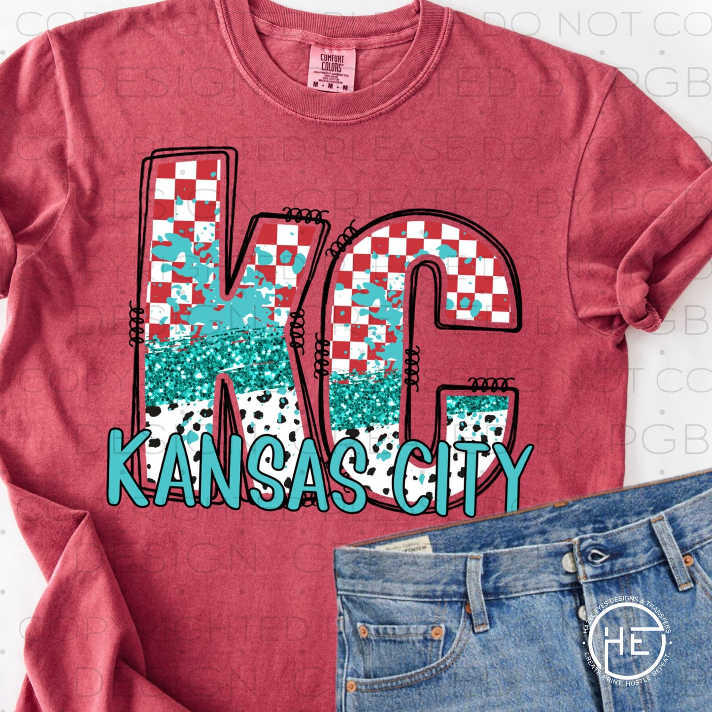 KC Red & Teal Checker Glitter  - DTF Transfer