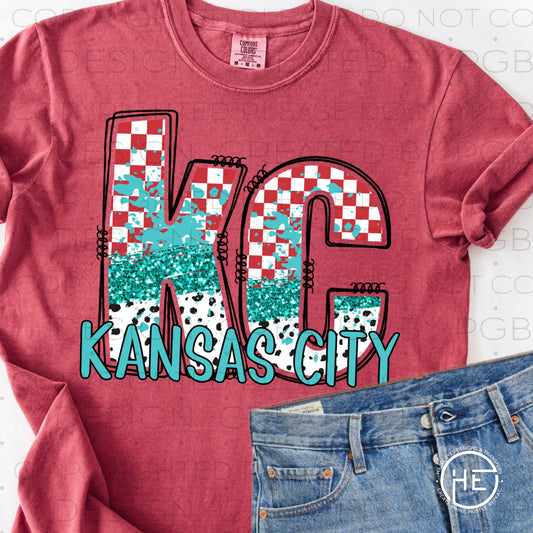 KC Red & Teal Checker Glitter  - DTF Transfer