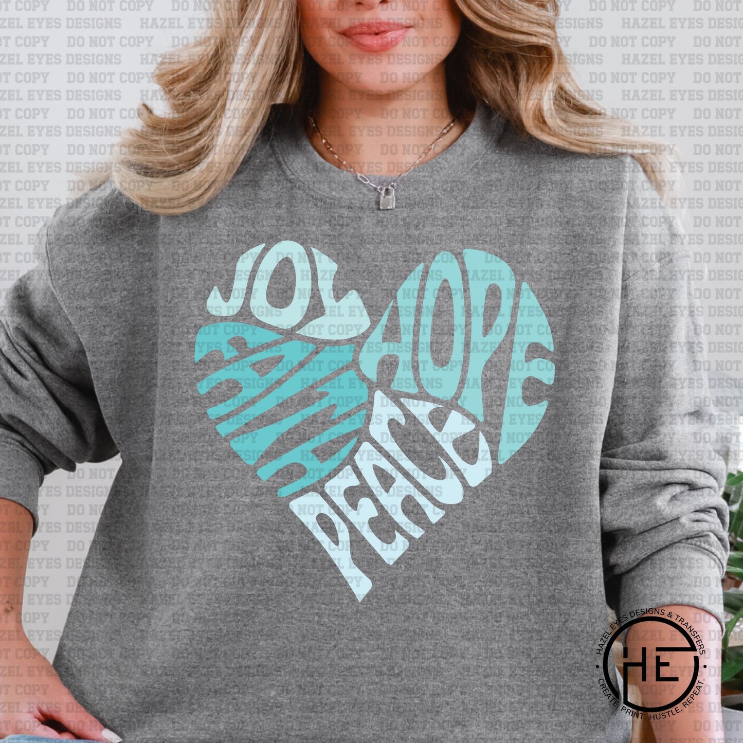 Joy Hope Faith Peace Heart Aqua - DTF Transfer