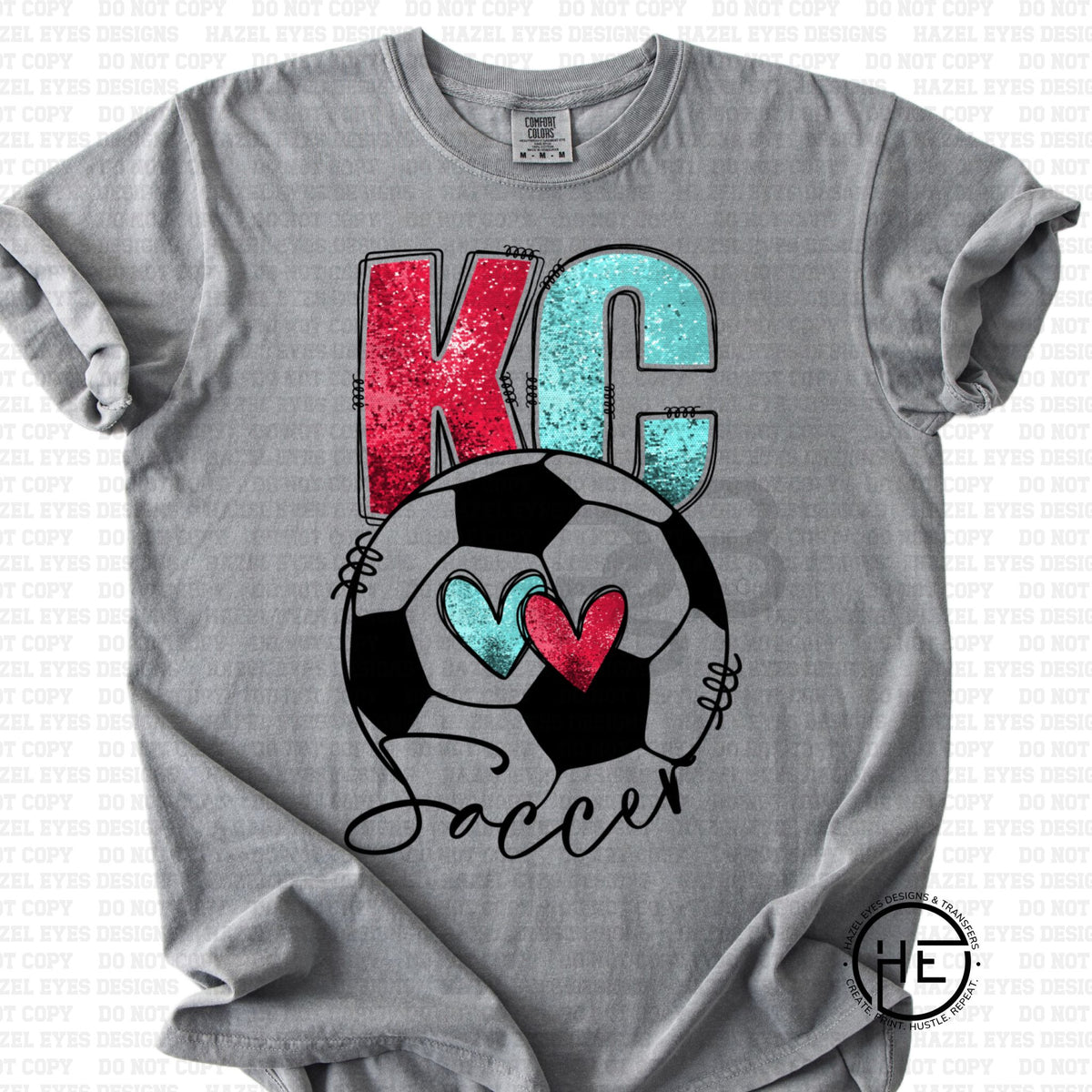 Faux Sequin KC Women's Soccer with Hearts - DTF Transfer