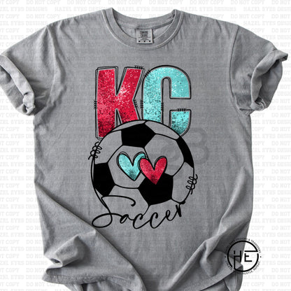 Faux Sequin KC Women's Soccer with Hearts - DTF Transfer
