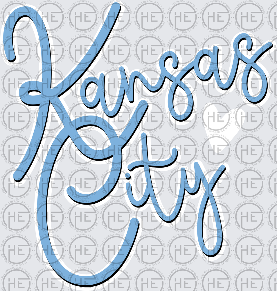 Lt Blue Kansas City Script w/ Heart - DTF Transfer – Hazel Eyes Designs
